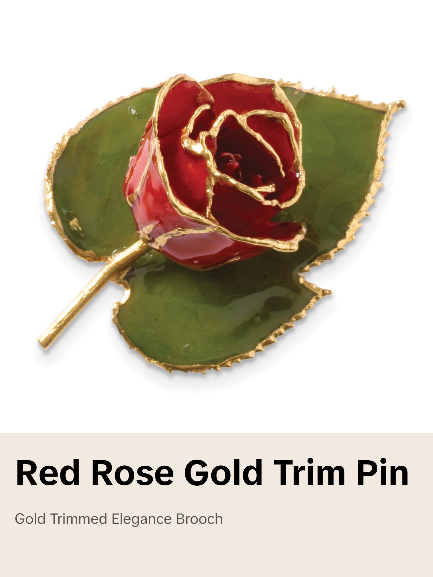 24k Gold-trim Lacquer Dipped Red Rose on Leaf Pin/Boutonniere