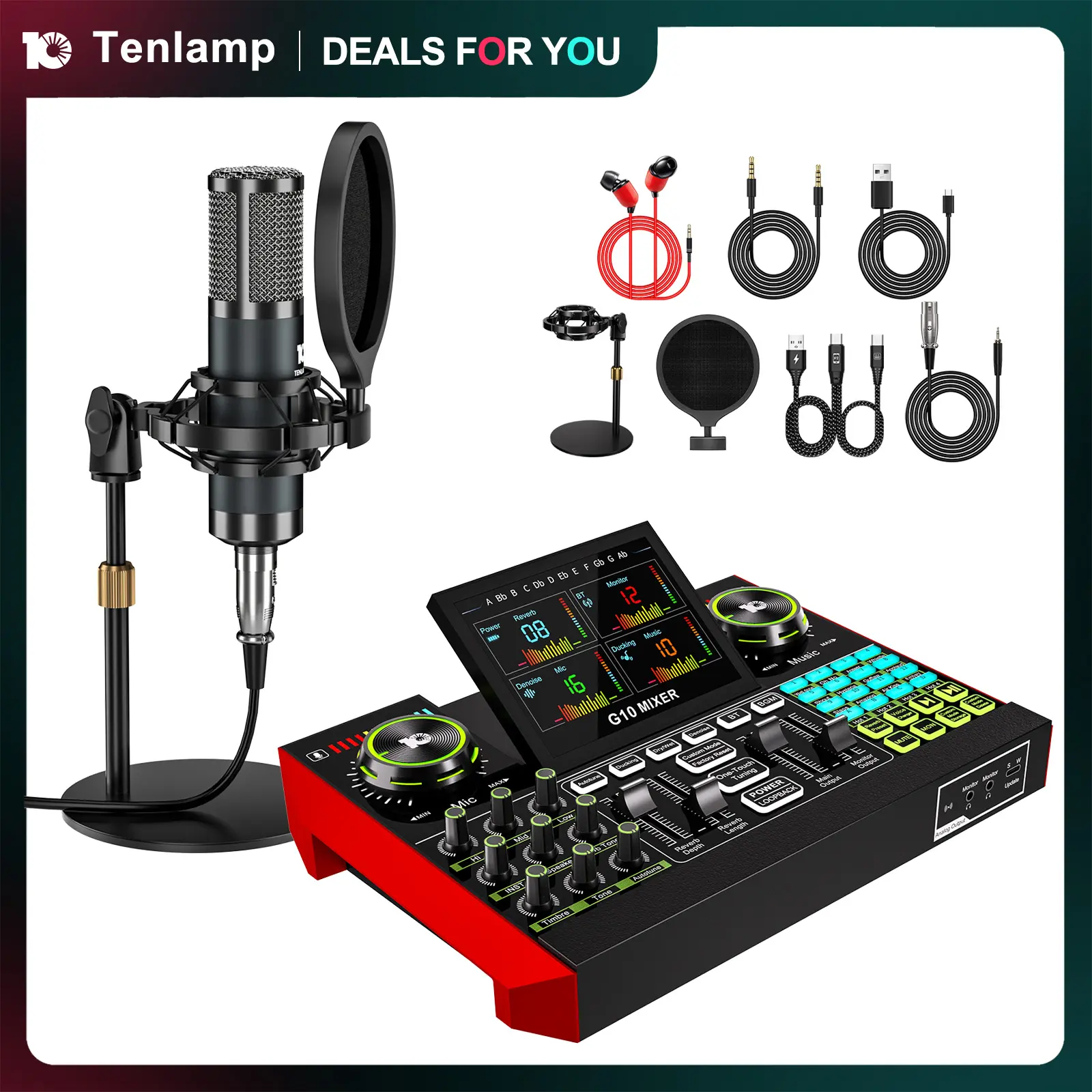 【US】Tenlamp G10-Series Audio Mixer, Live Sound Card with XLR Microphone Connector, Professional Chipset, 48V Phantom Power Supply, One Touch Noise Reduction, One Touch Voice Change for Podcast,Recording,Vocal,Game Voice#SummerWins #DealsForYouDays