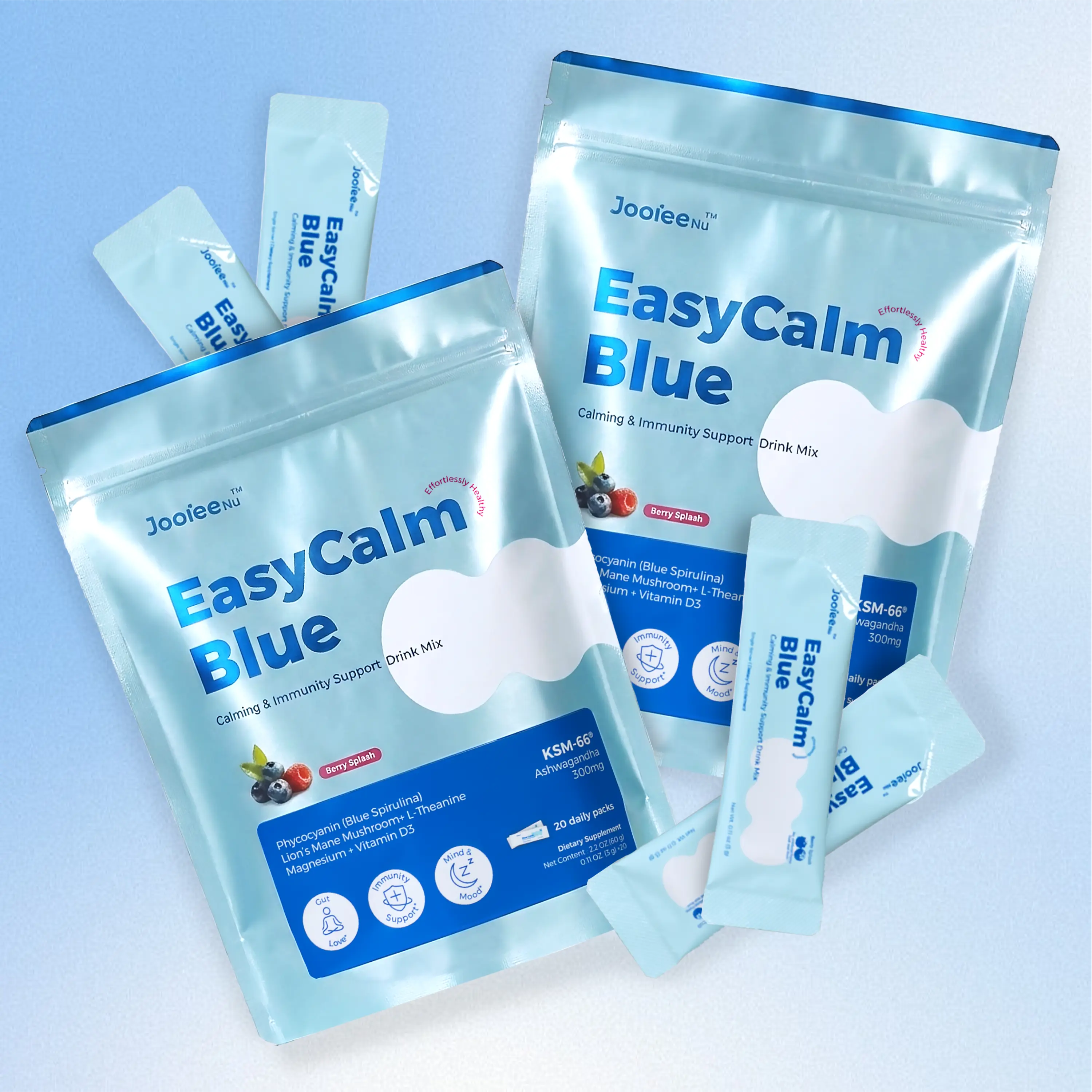 Jooiee Nu Easy Calm Blue (2-Pack)- Calming Drink Mix with Magnesium KSM-66 Ashwagandha & Blue Spirulina L-theanine Lion's Mane Mushroom GABA Vitamin D3 Supports Cortisol Balance Mood Sleep 40 Servings Big Travel Packets Dietary Supplement