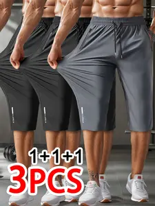 Men’s 3-pack knee-length shorts, high-stretch casual design, solid color, regular fit, with a drawstring waist and zippered pockets, suitable for sports and everyday wear