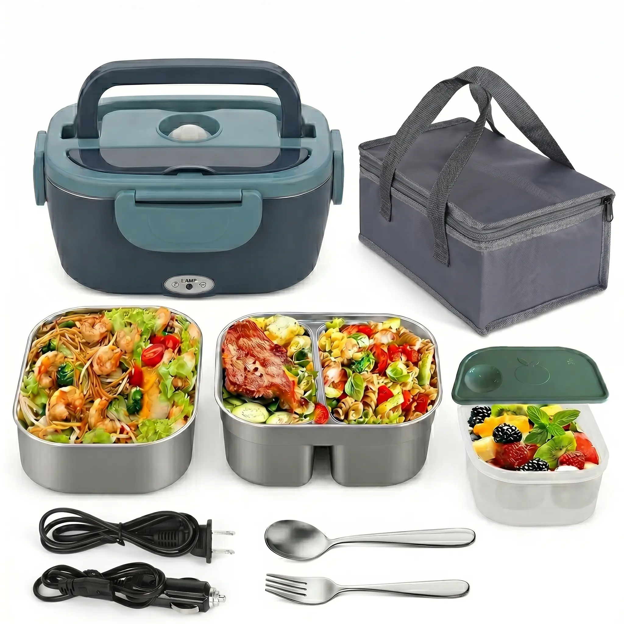 3-in-1 80W Electric Lunch Box, 1.5L 304 Stainless Steel Portable Food Warmer for Adults, 12V/24V/110V for Car/Truck/Work, with Fork, Spoon & Carry Bag (Camping Outdoor Tableware Mess Kit)