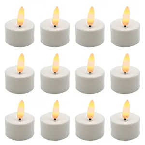 LumaBase Battery-Operated 3D Wick Flame Tea Lights, Set of 12 with Pivoted Flame-Shaped Wick, Flickering Amber LED Light for Indoor Home Decorative Use