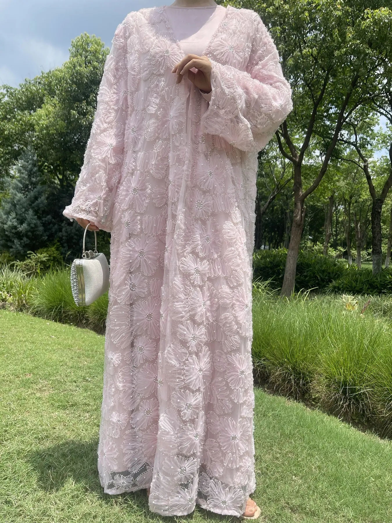 Women's 2-Piece Embellished Open Abaya Floral Beaded Coat Set, Satin Lined Dress (Open Abaya + Inner Dress), Stylish Spring & Fall, Elegant Islamic Clothing, Flower Beaded Abaya