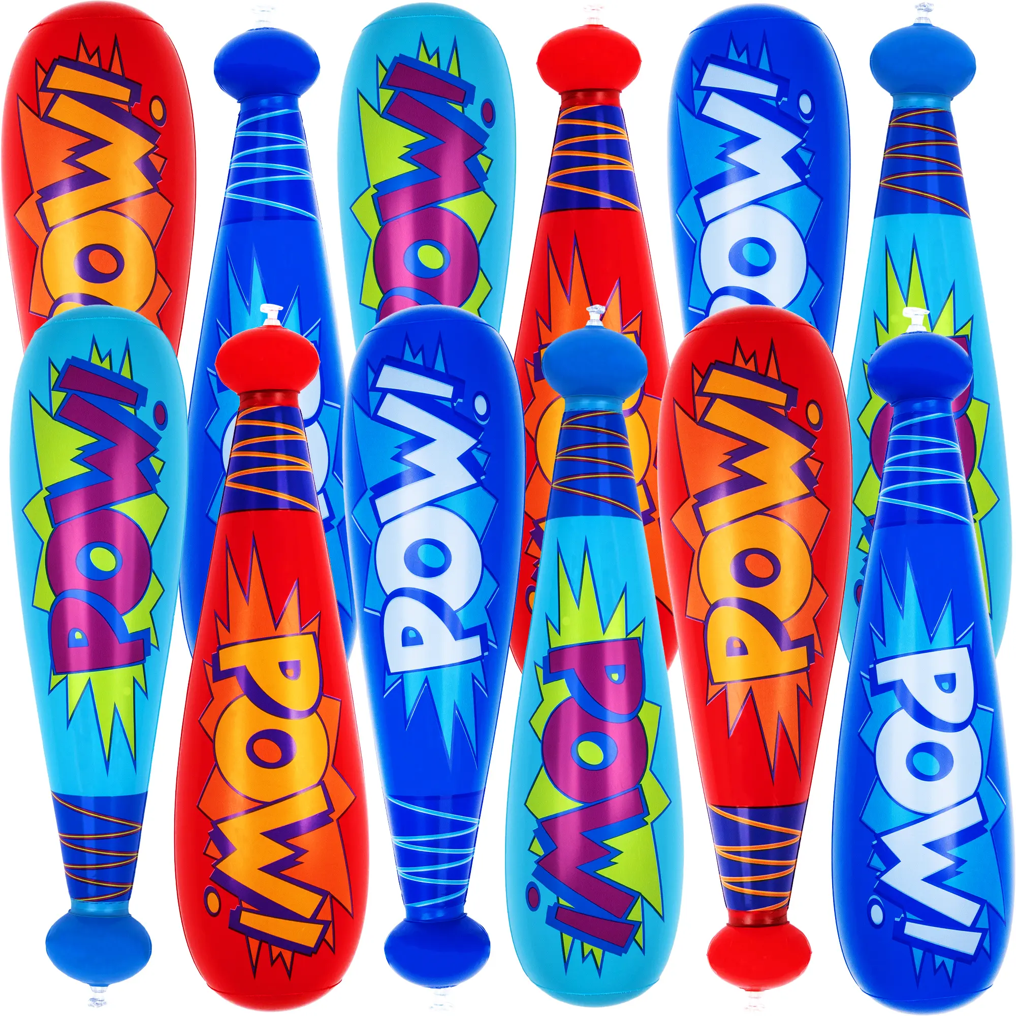 POW 20in Vinyl Inflatable Baseball Bats for Kids 3+ Unisex - Pack of 12, Durable, Assorted Colors, Premium Valve, Carnival Party Favors, Photo Booth Props