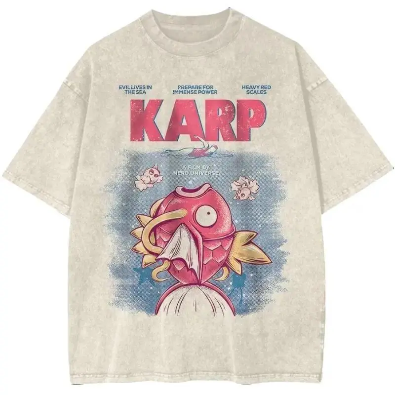 Jaws Movie Poster Magikarp Shirt, Funny Anime Parody T-Shirt, Unisex Washed Vintage Graphic Tee, Oversize Streetwear Top