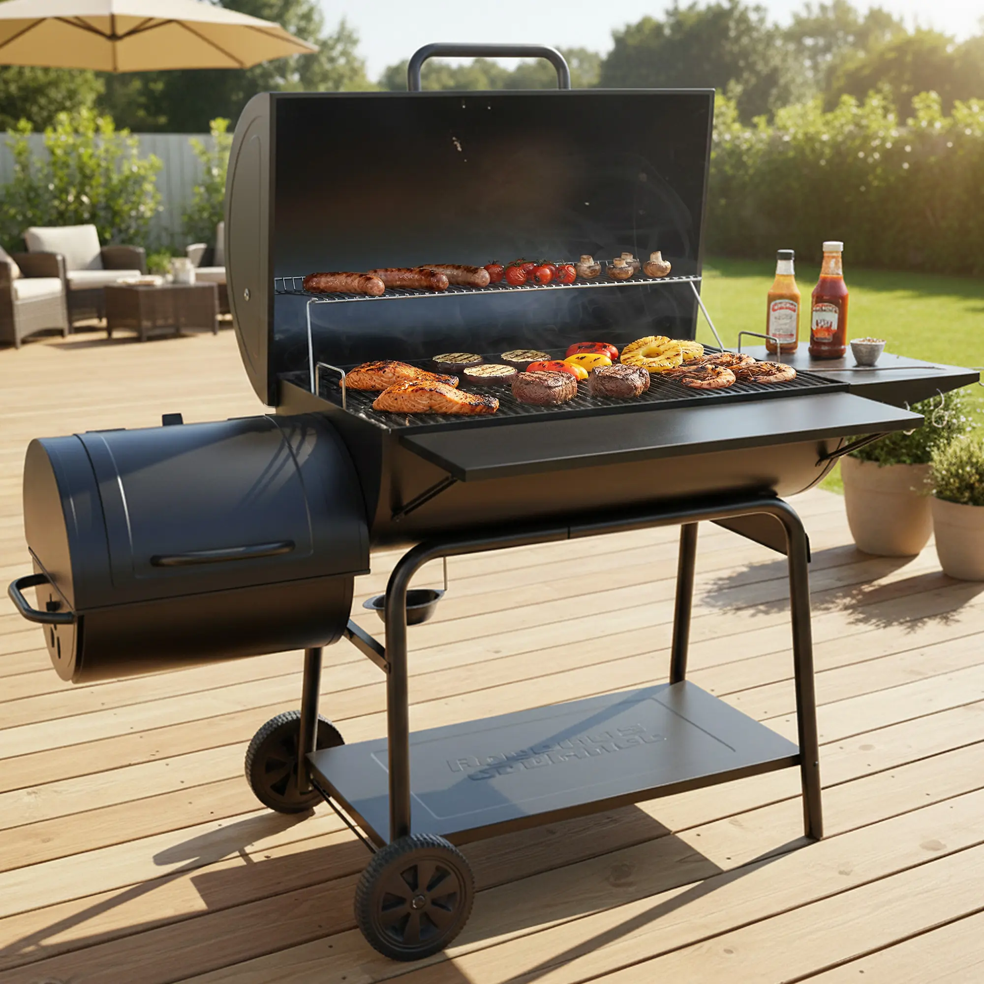 Royal Gourmet CC2036F Charcoal Barrel Grill with Offset Smoker, 1200 Sq In Large BBQ Pit, Heavy Duty Portable Backyard Smoker for Camping, Tailgating, Patio, Black Modern Detachable