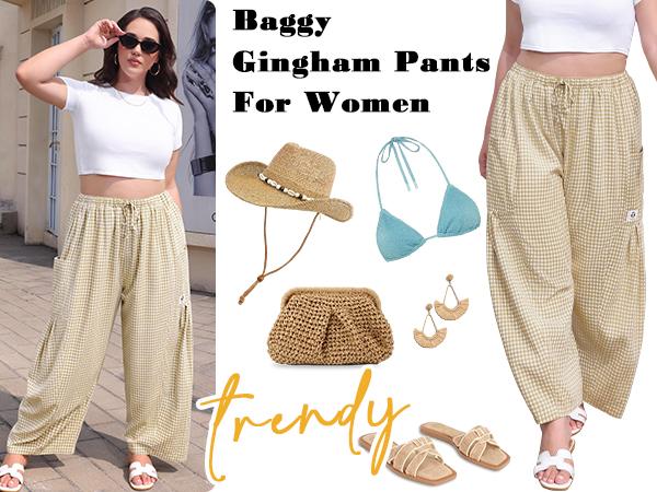 【SS26 Collection】TARSE Womens  Wide Leg Gingham Striped Plaid Pants Casual Barrel Loose Drawstring Low Waist Palazzo Harem Pants with Pockets