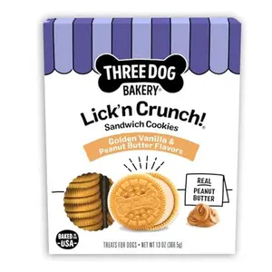 Three Dog Bakery Lick'n Crunch! Golden & Peanut Butter Dog Sandwich Cookies - Crunchy Vanilla & Creamy Peanut Butter Flavored Dog Treats, Cookies for Dogs, Dog Birthday Cookies, Dog Training Treats