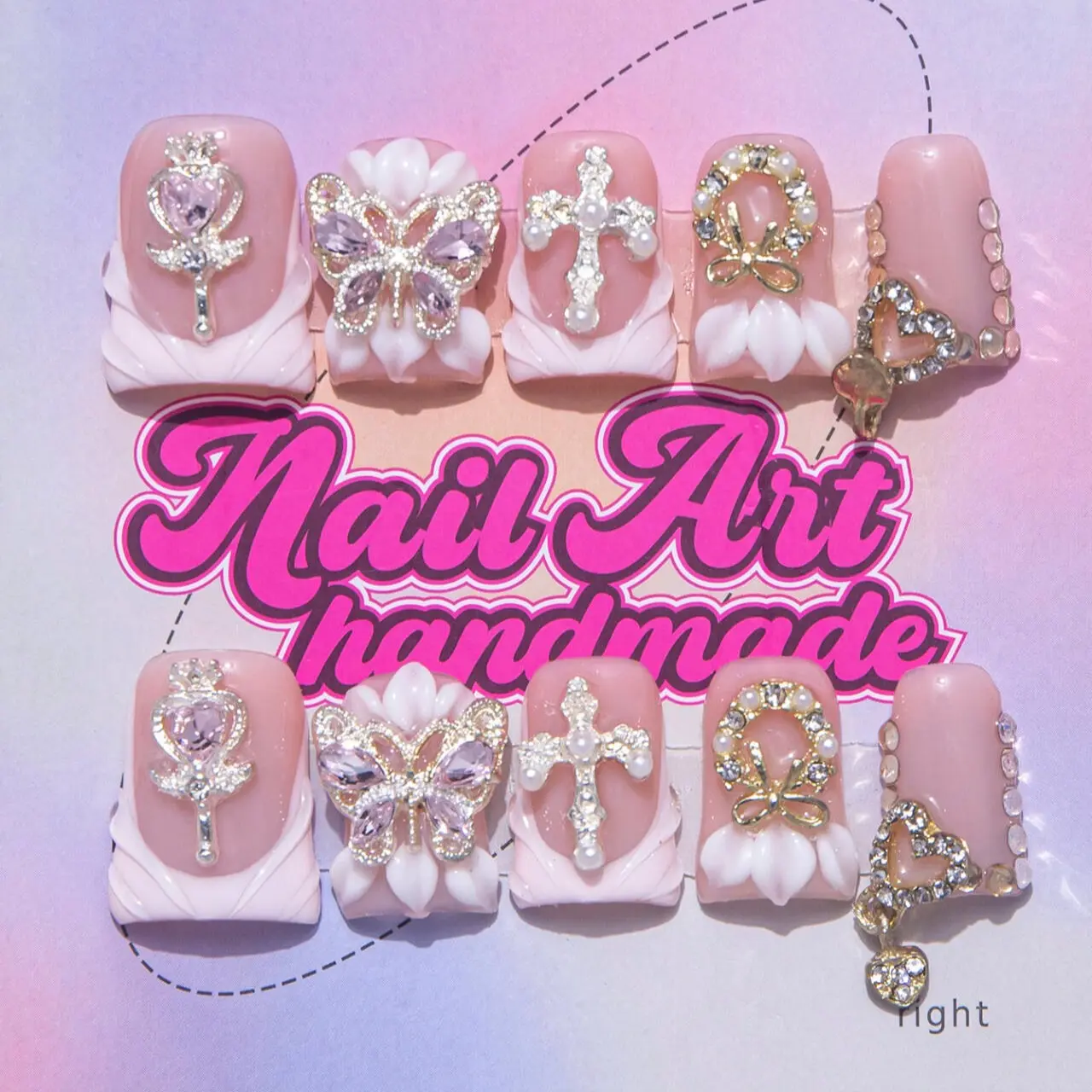 Delicate Y2K Style Handmade Nail Art Set, Includes Jelly Glue, Nail File and Plastic Nail Stick, 4 Sizes (XS/S/M/L), Perfect Gift for Women