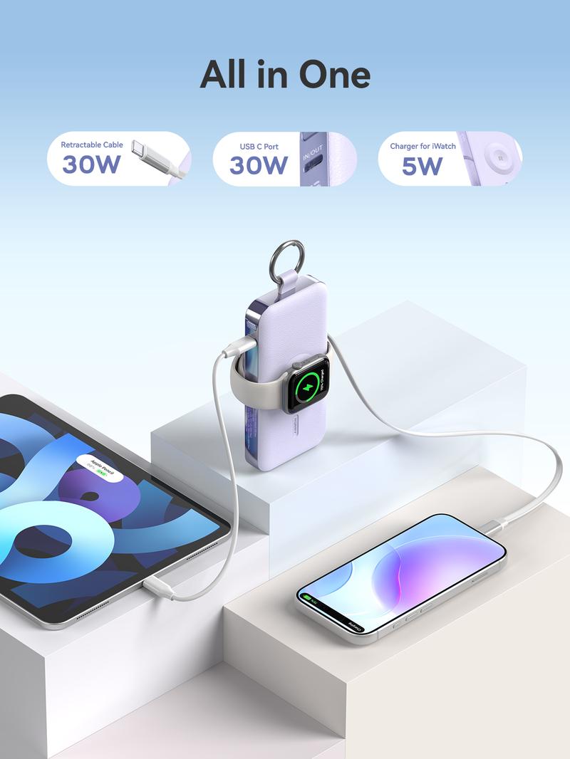 RORRY 12000mAh Power Bank 30W Fast Charging with Built-in Retractable USB C Cable  for  iPhone 17-12   Apple Watch Series iPad Pro Galaxy Android Portable Charger Perfect Gift High Capacity Battery Valentinesdaygift