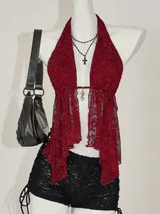 Women's Lace Backless Halter Top Deep V Neck Going Out Top Club Rave