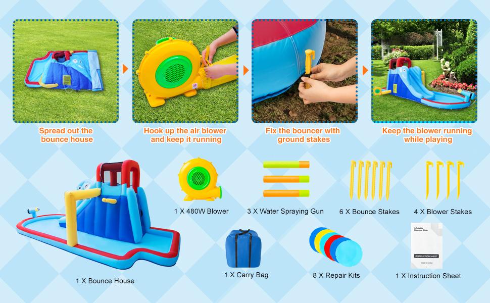 Inflatable Bounce House with Water Slide Bouncer Playhouse Castle Splash Pool Climbing Wall Basketball Hoop Carry Bag 480W Air Blower for Kids Backyard Indoor Outdoor Use Free Water Gun