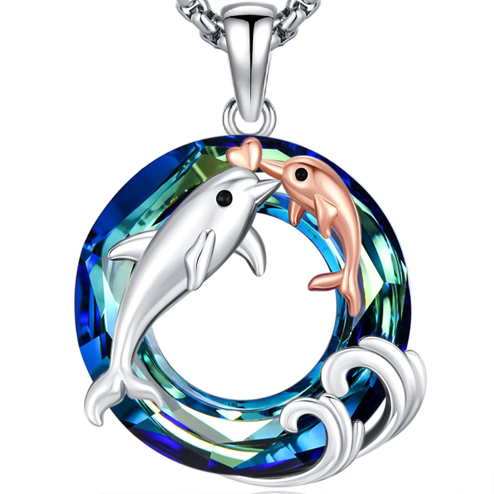 DRINSPER Women's 925 Sterling Silver Dolphin Pendant Necklace, Round Crystal Decorative Fashion Jewelry, Exquisite Trendy Pendant, Birthday Gift, Adults, Cadmium-Free, Elegant, Female