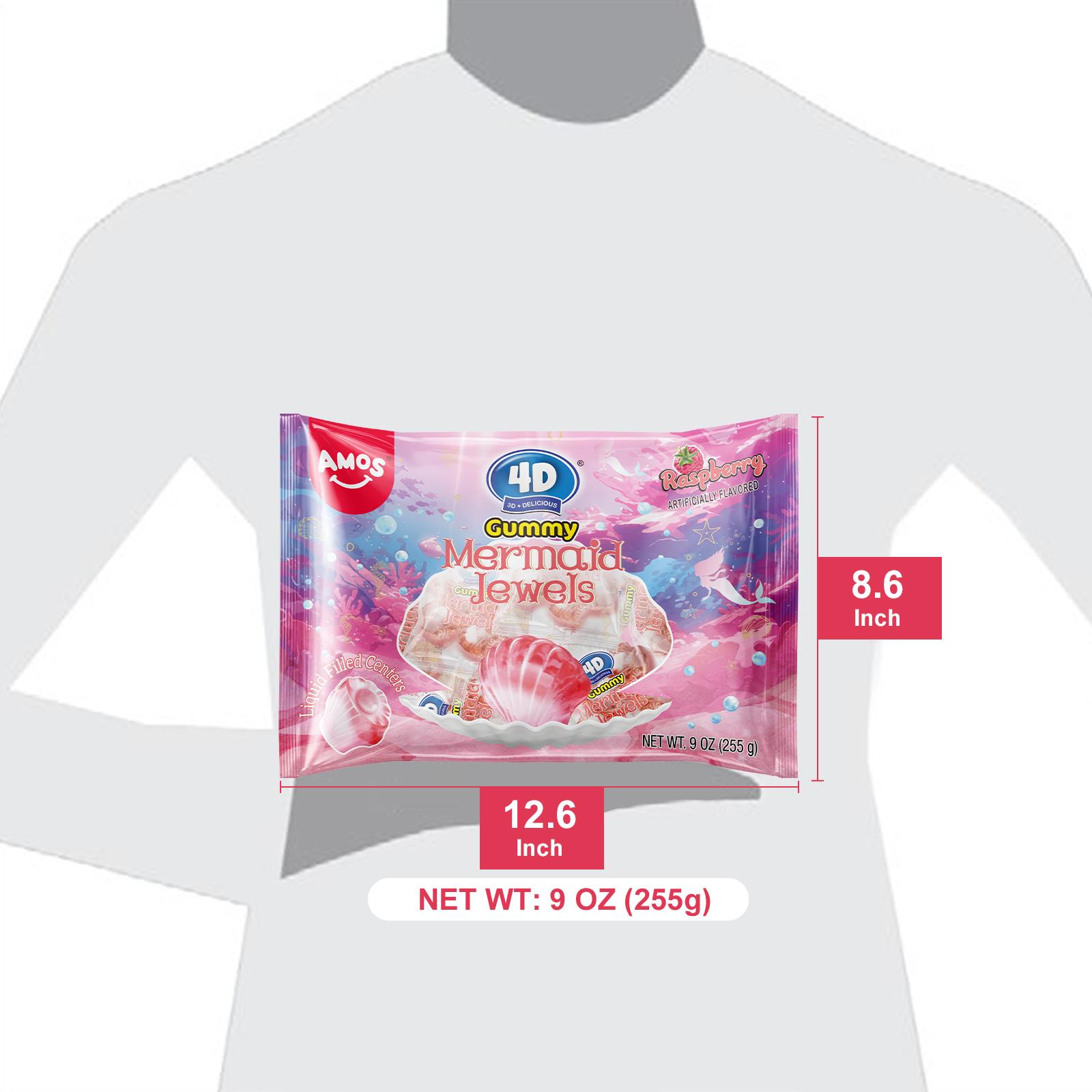 Amos 4D Gummy Mermaid Jewels - Blue Raspberry Flavor, Jelly-Filled Chewy Fruit Snacks, Gluten-Free, Resealable Bags, Healthy Exotic Sweet Treats - Bite