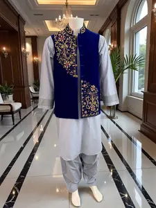 Royal Blue Velvet Vestcoat – Handmade Soma & Borr Borr Gold Embroidery | Men’s Luxury Afghan Waistcoat Medium