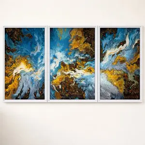 Energy of the Elements – Large Handmade Triptych Acrylic Painting with Natural Amber Stones