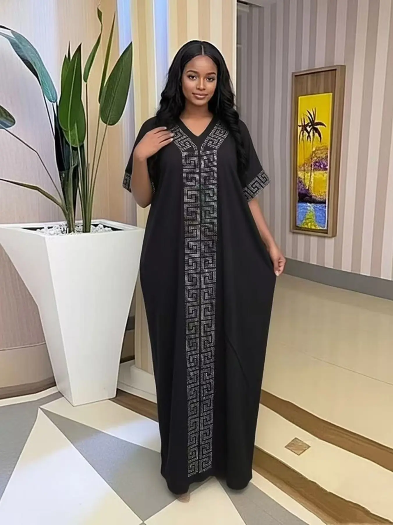 2026 African Nigerian Style Women's Islamic Clothing Rhinestone Loose Boubou Kaftan Dress, Elegant Solid Color, Muslim Ethnic Robe with Matching Scarf & Pockets, Daily Party Wear