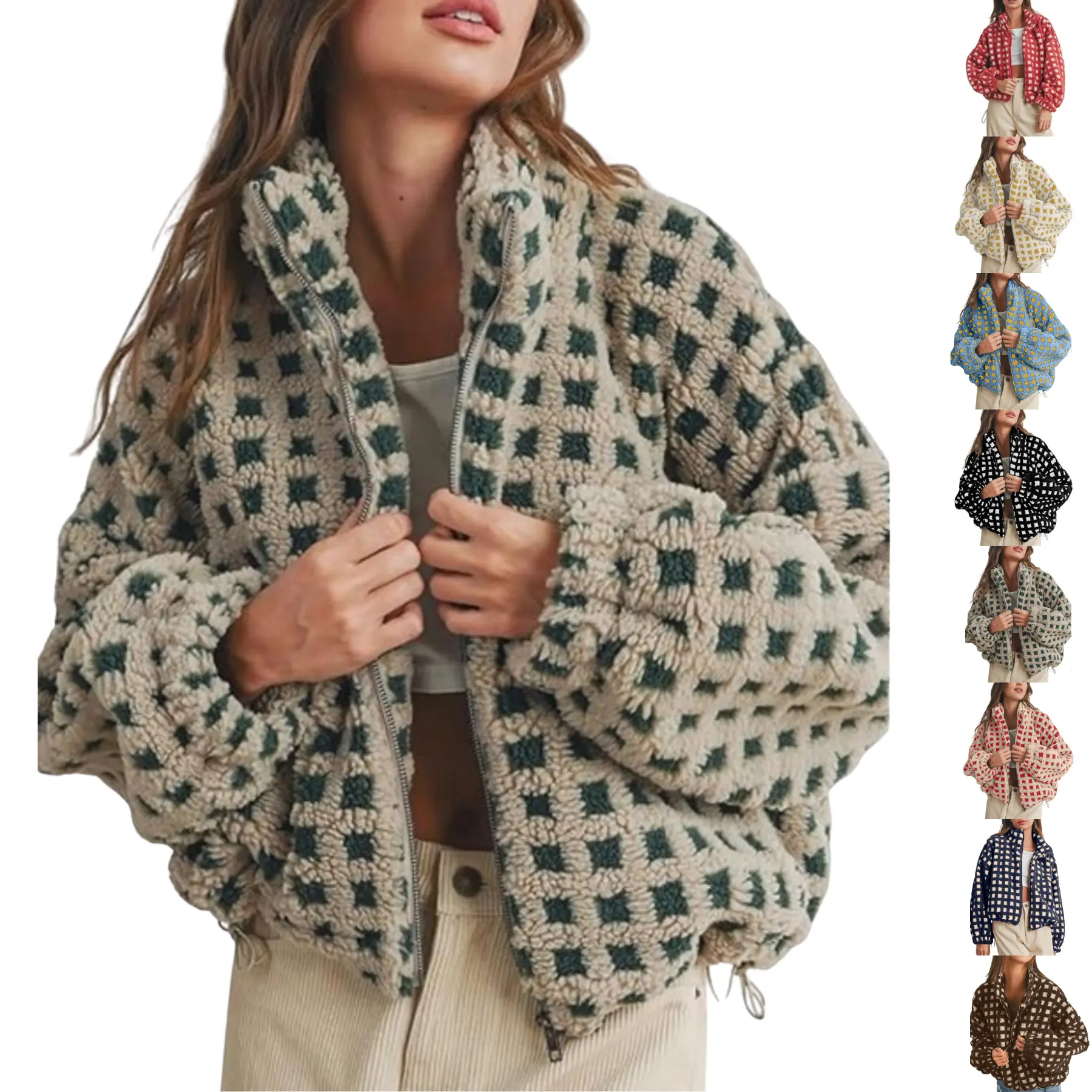 SCUSTY Women Winter Fleece Jacket Plaid Fleece Warm Coat Long-sleeve Zippered Sherpa Jacket with Pockets