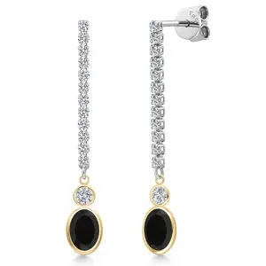 Gem Stone King 14K Two Tone Gold Black Onyx and Lab Grown Diamond Dangle Earrings for Women | 2.10 Cttw | Gemstone December Birthstone | Oval 7X5MM