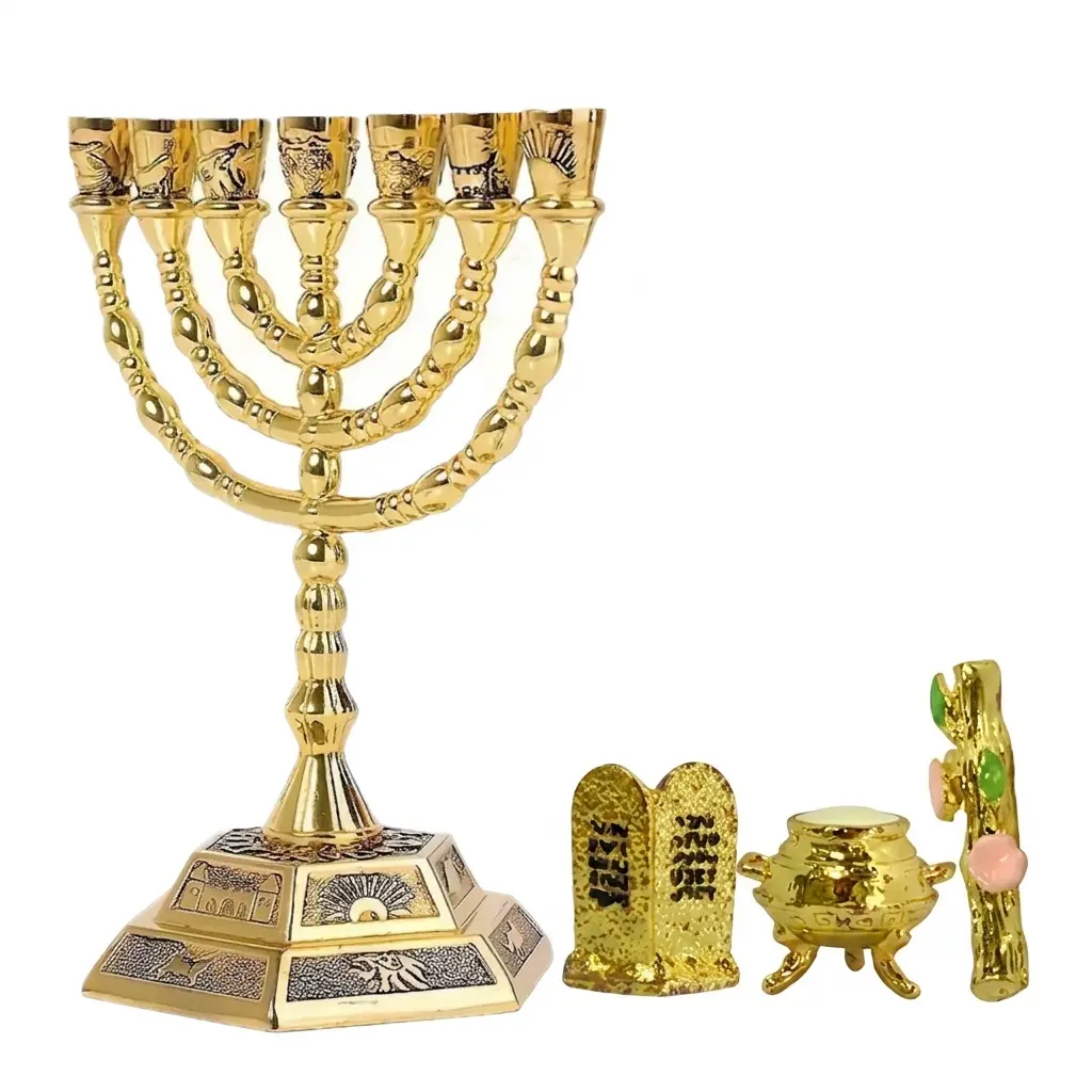 Premium 7-Branch Menorah Replica Candle Holder Set - Holy Land Golden Candelabrum with 3 Sacred Treasures (Aaron’s Rod, Manna Jar, 10 Commandments Tablets) - Biblical Home Decor & Spiritual Education Gift