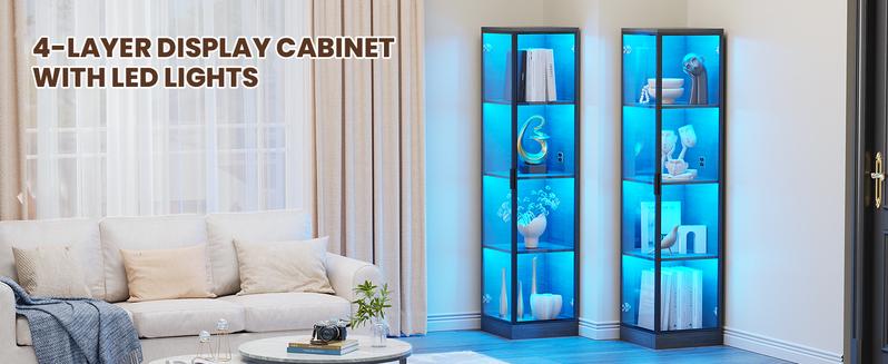 BROTTAR Corner Display Cabinet with Glass Doors, Aesthetic Display Case with 3 Color Light, 4-Tier Curio Cabinet & Bookcase for Collectibles, Toys, Books, for Playroom, Bedroom, Study Room, Black/White