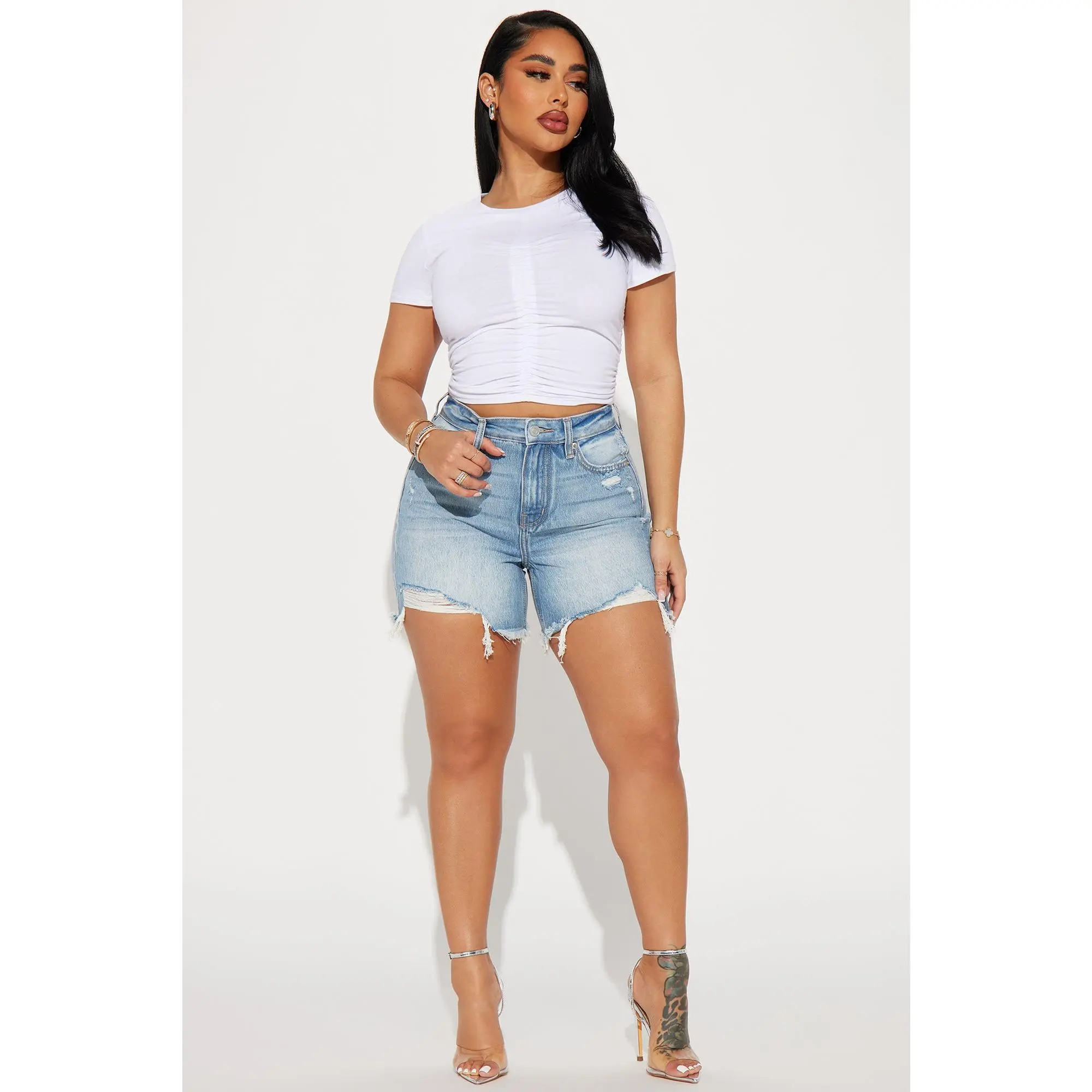 Hallie Hybrid Ripped Denim Shorts - Light Wash