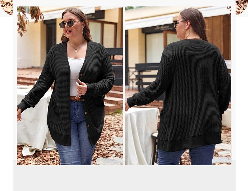 Aleumdr Women's Plus Size Cardigans Casual Long Sleeve Waffle Knit Front Button Tops 1X-5X Soft Breathable Stretchy Skin-Friendly Comfortable Everyday Wear  Knitwear Womenswear Shirts Blouses Basic