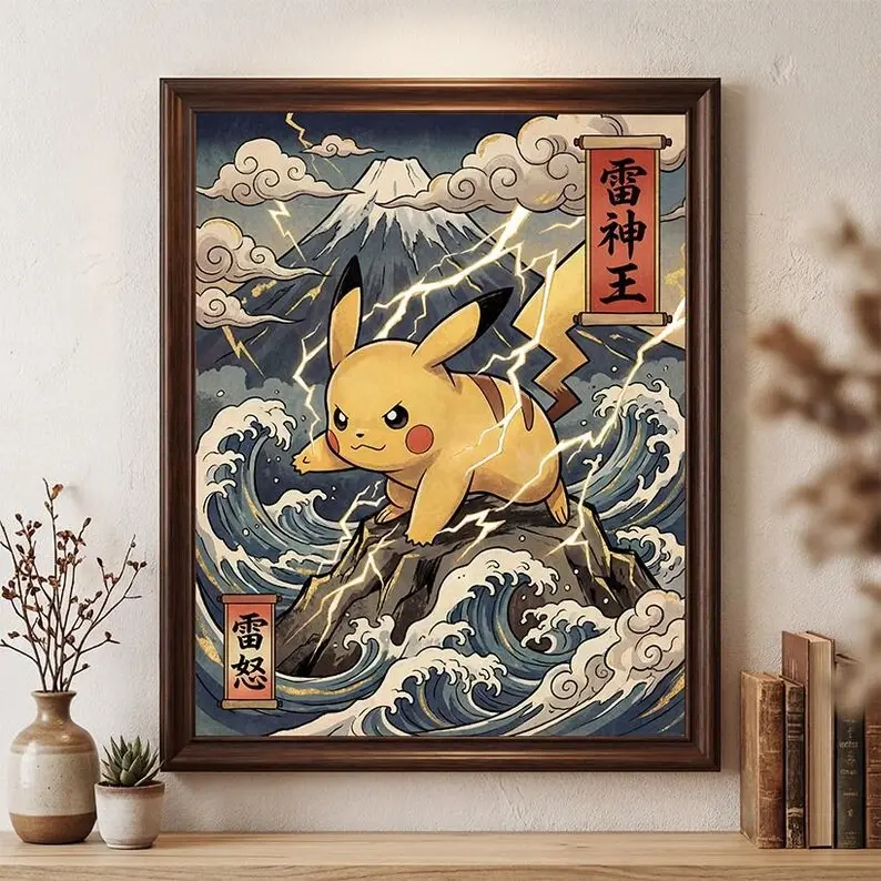 Pikachu Poster, Japanese Tapestry Style Anime Poster, Unframed Bedroom Wall Art, Meowth Decoration