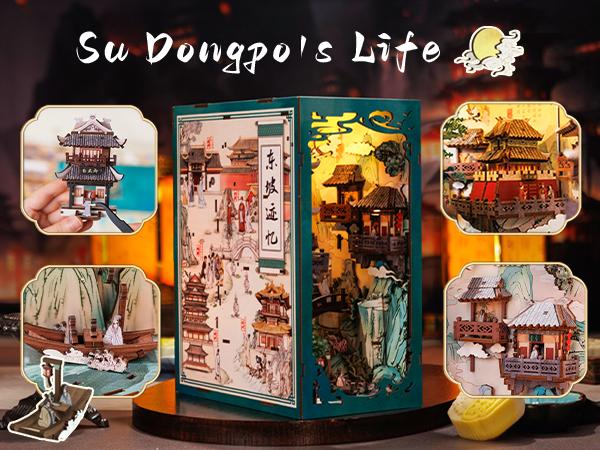 CUTEBEE DIY 3D Book Nook Kit Su Dongpo’s Life – Wooden Miniature House with LED Light, Handmade Ancient Chinese Landscape Decor | Holiday, Christmas and Black Friday Gift