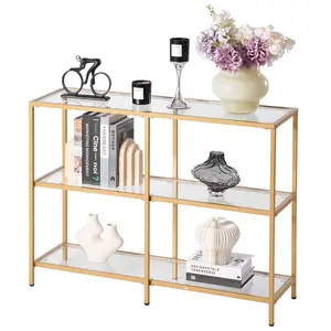3-Tier Modern Rectangle Glass Console Table - Tempered Glass Top & Iron Legs | Golden Finish with Anti-Tip Device | Living Room, Hallway, Entryway, Foyer