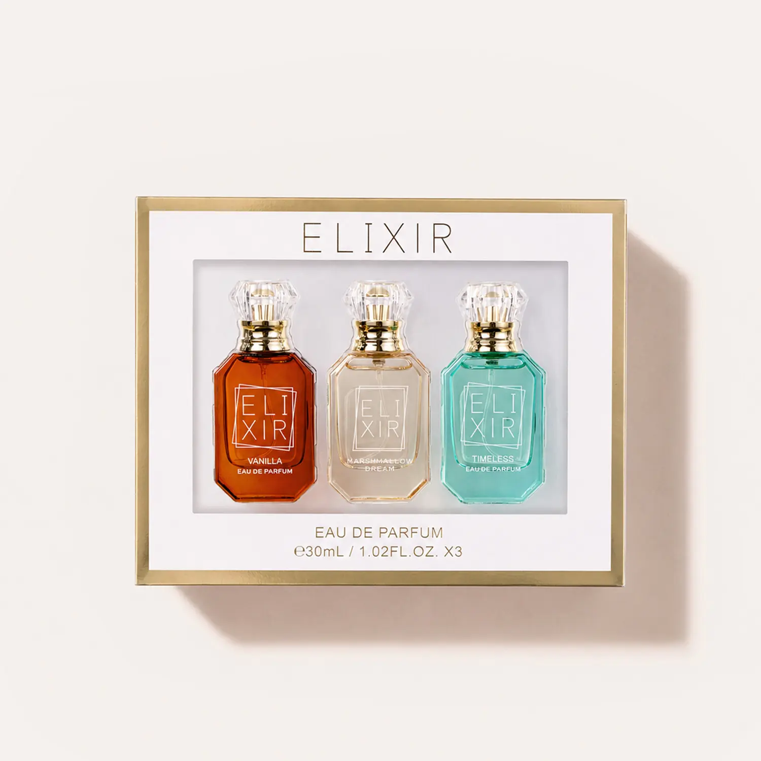 Elixir 3pc Eau De Parfum Layering Set - 3x30ml Bottles (Vanilla, Marshmallow Fluff, Timeless) with Amber, Pistachio, Musk Notes, Date Night Fragrance Wardrobe Completion
