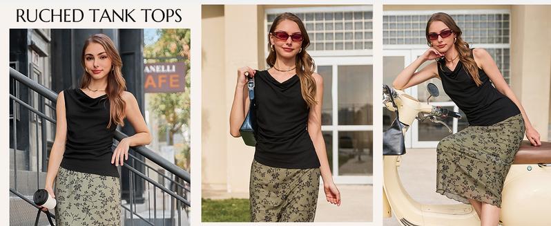 Cicy Bell Womens Cowl Neck Tank Tops 2026 Summer Off The Shoulder Asymmetrical Ruched Tops Going Out Sleeveless Shirts