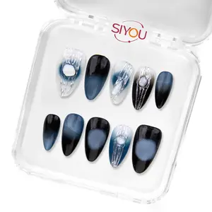 DARK AURORA Premium Handmade Press-On Nails Long-Lasting Short Almond Shape Glossy Navy Blue, Light Blue, And White Finish Dramatic Navy Blue White Cosmic Shimmer Captures Style