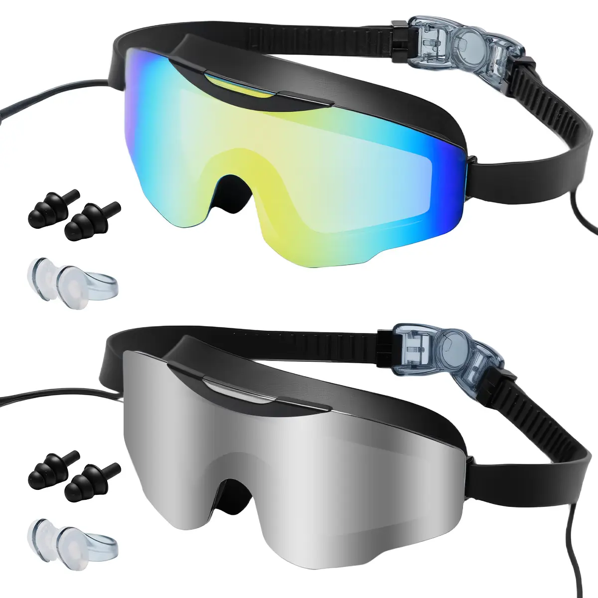 Men & Women Swimming Goggles with Nose Clips and Earplugs, 180° HD Wide View, No Leaking, Anti-Fog, UV Protection Protection for Adult & Youth