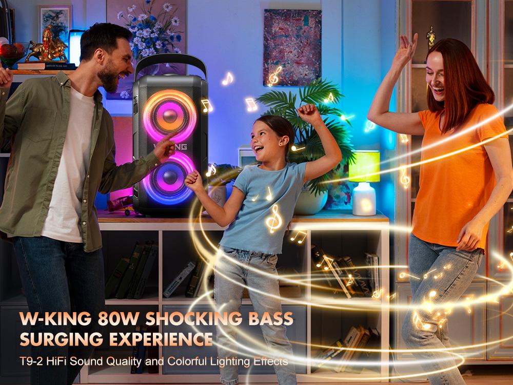 W-KING  180W  Party Portable Karaoke Speaker with WIRELESS MICROPHONE,  Outdoor Wireless Bluetooth Speaker Loud Big Large with 2 Full-Range Drivers-Super Bass with Lights, IPX5, Huge 105dB Sound, 24H, U-Disk, TF, AUX, EQ Loudspeaker Audio