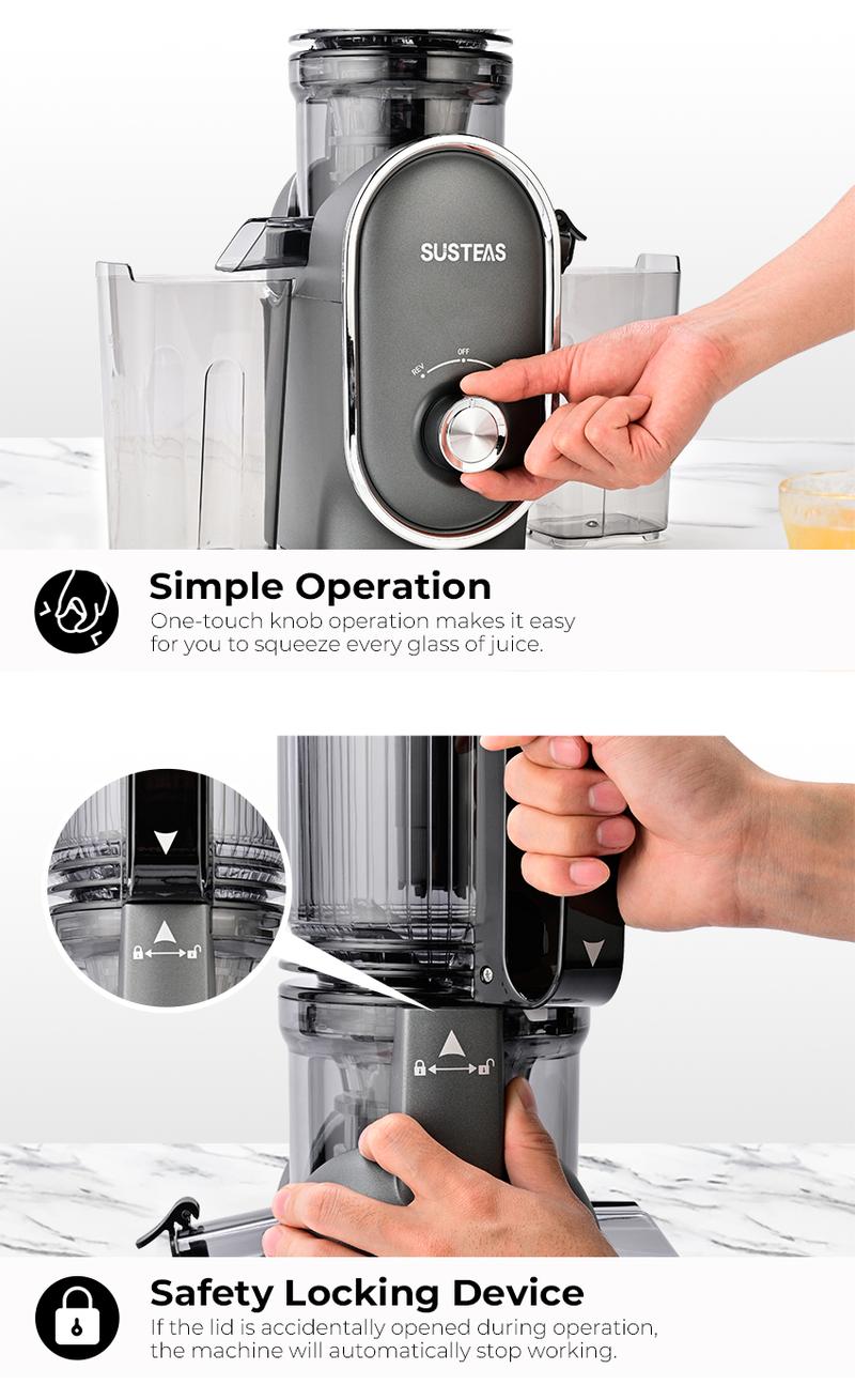 SUSTEAS Cold Press Juicer, Large Inlet, Large Capacity, Slow Masticator, High Yield Juice Extractor - Easy to Clean