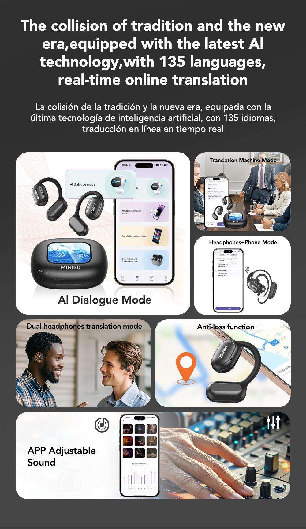 MINISO X30 OWS Translation Wireless Bluetooth Earphones Support 135 Languages Real Time Bluetooth Translation,35Hours Play time,OWS Headphones Long Distance Connection Headset with Charging Case,Light-Weight Headphones Built-in Microphone