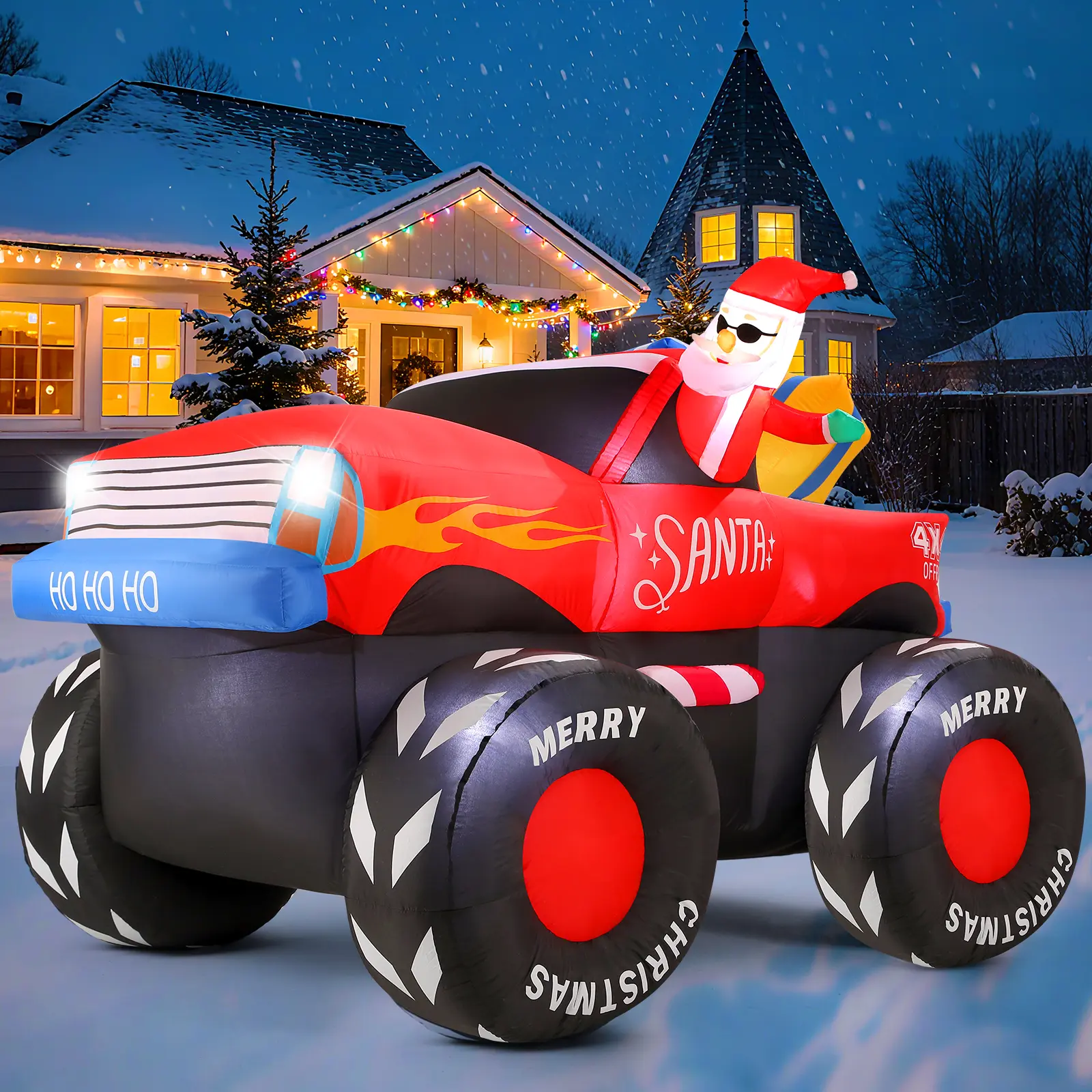 Oneamg 7 FT Christmas Inflatable Santa Claus & Snowman Decor with Truck, Presents, Fan, 210T Polyester Fabric, Built-in LEDs, 1-Min Fast Setup, Zip-Fast Deflate for Yard, Garden Festive Decor