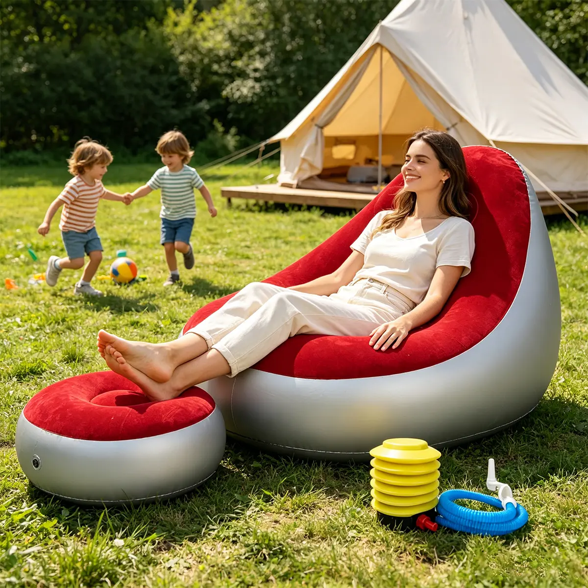 Adult Inflatable Recliner Sofa with Footstool Set - Heavy-Duty Portable & Foldable Lounging Chair, with Cushion, Plush Seating, Space-Saving, Indoor/Outdoor Use, Includes Portable Air Pump, Easy Storage, Durable, Sturdy