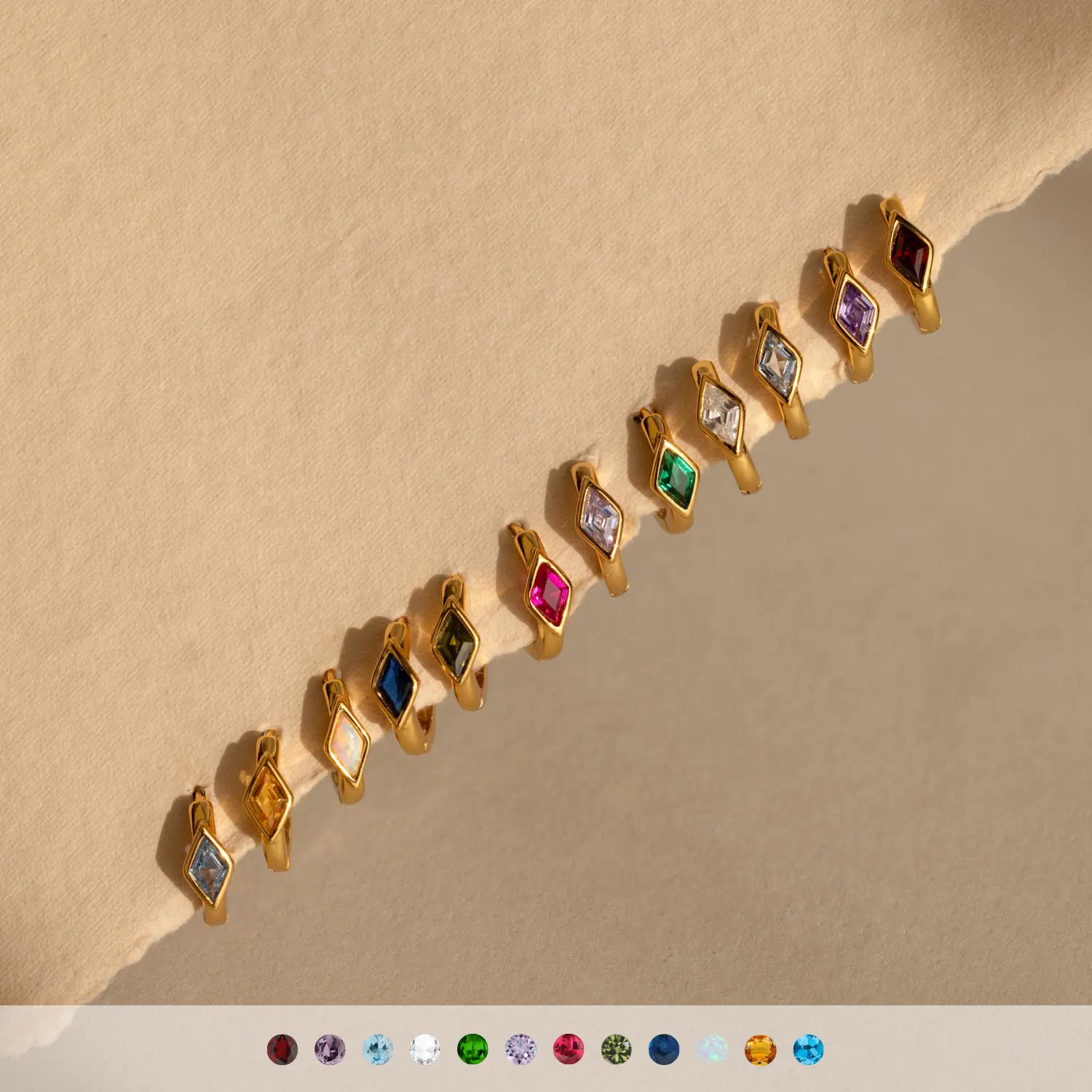 Rhombus Birthstone Huggies by Caitlyn Minimalist - Dainty Bezel Gemstone Hoop Earrings in Gold - Crystal Cartilage Earrings - Birthday Gift for Her