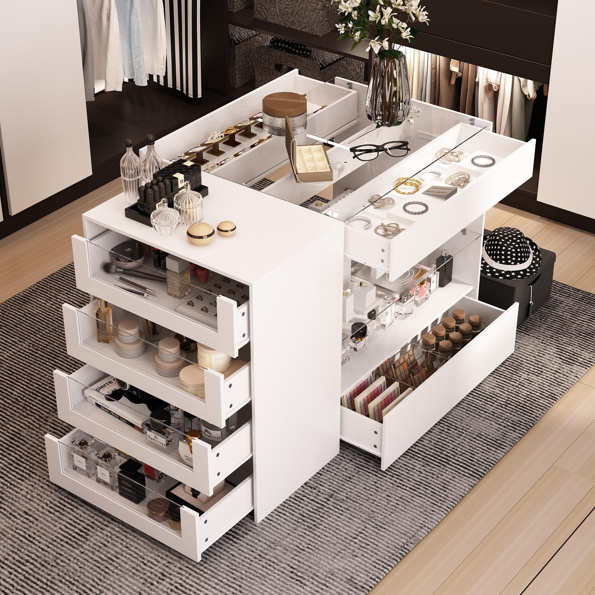 FUFU&GAGA Modern Glass Display Cabinet Island with 2 Drawers & 4 Side Drawers for Makeup Storage, Walk-in Closet Organizer, Living Room Furniture FUFU&GAGA Modern Glass Display Cabinet Island with 2 Drawers & 4 Side Drawers for Makeup Storage, Walk-in Closet Organizer, Living Room Furniture