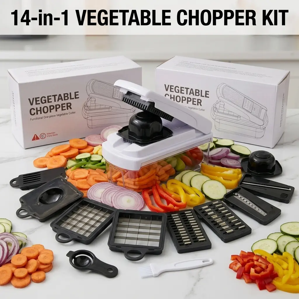 14-in-1 Multifunctional  Vegetable Chopper Kit Food-Grade BPA-Free Plastic & Heavy-Duty Stainless Steel Blades White & Black Accent Standard Size