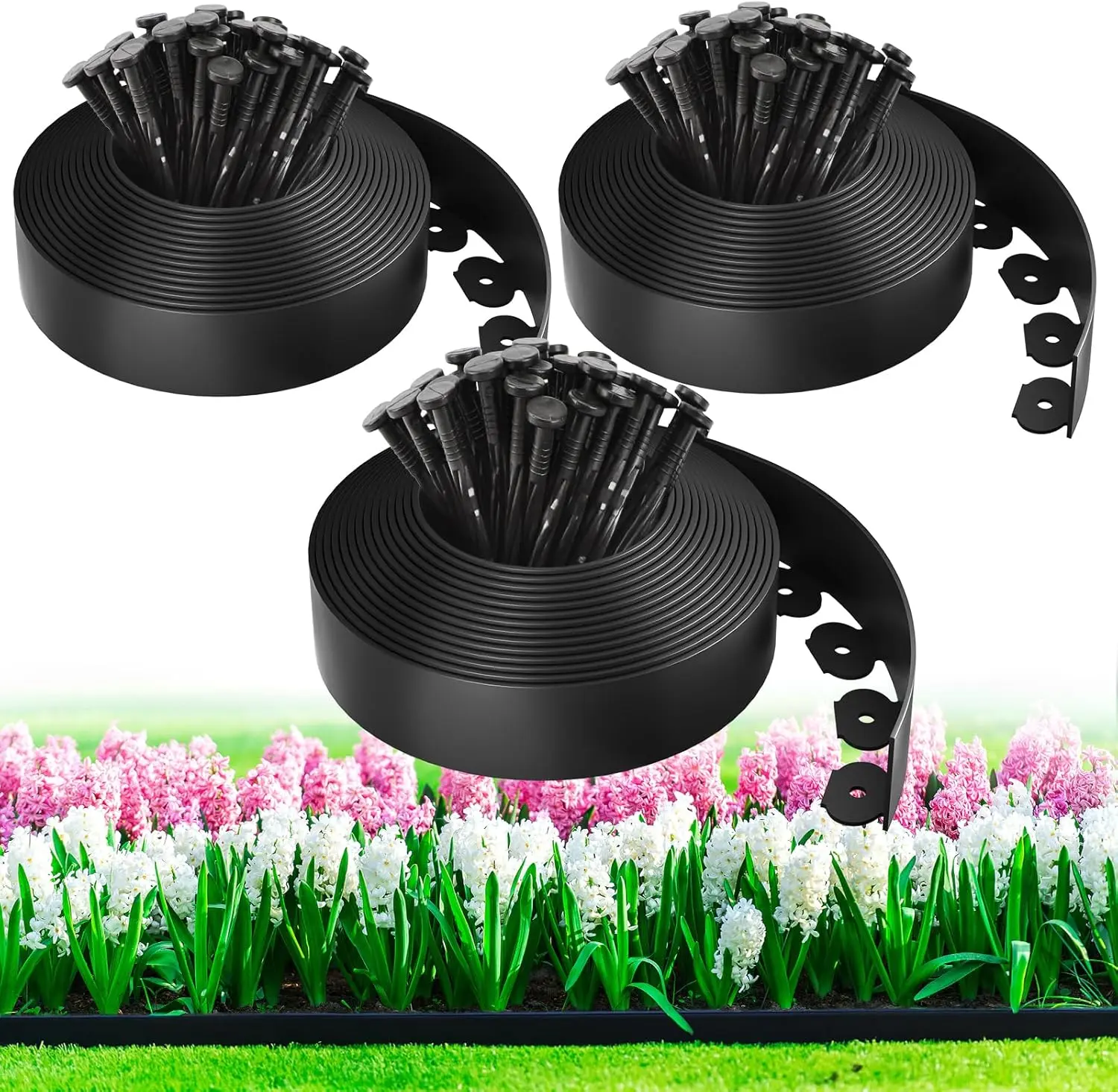 Davyline Durable & Long-Lasting 100 ft Rectangle Landscape Edging Kit - 1.5-in Tall Flexible Plastic No-Dig Border with 150 7-in Spikes for Lawn, Parks, Cafes