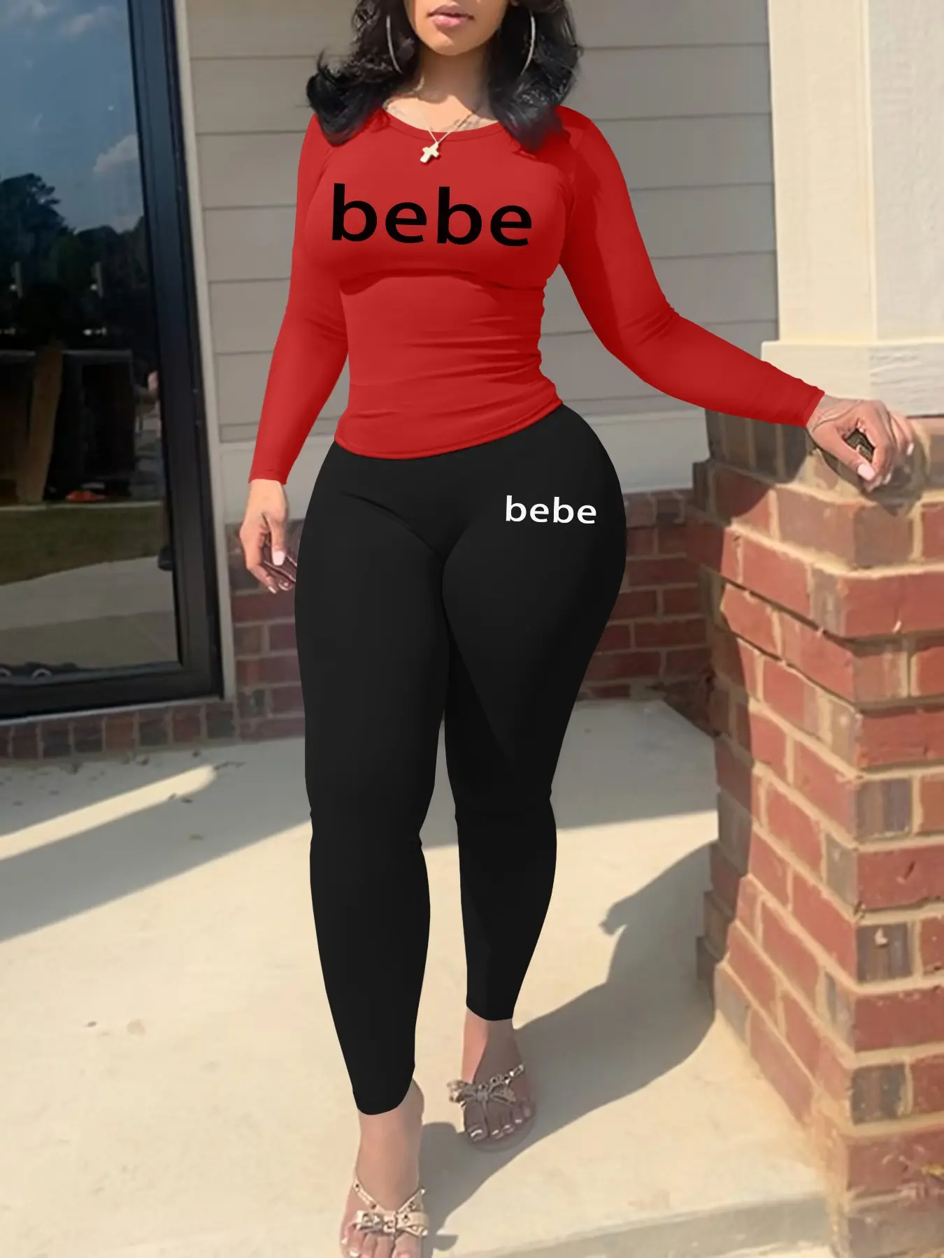 bebe letter print Women's Fall Winter Fashion Two-Piece Set, Casual Sporty Long Sleeve Pants, Simple Mix-And-Match Style, Daily Comfort Essential, Streetwear Tracksuit Set, Sweat Set, Athleisure Tracksuit Sets