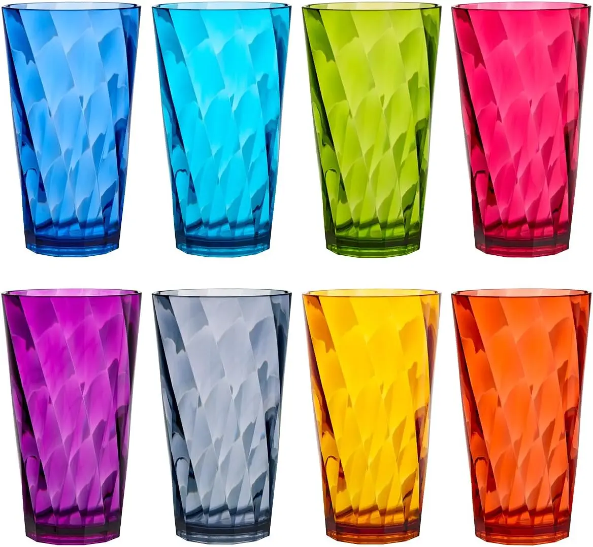 Optix Plastic Reusable Drinking Glasses (Set of 8) 20oz Water Cups in Jewel Tone Colors | BPA-Free Tumblers, Made in USA | Top-Rack Dishwasher Safe Glassware Set Drinkware