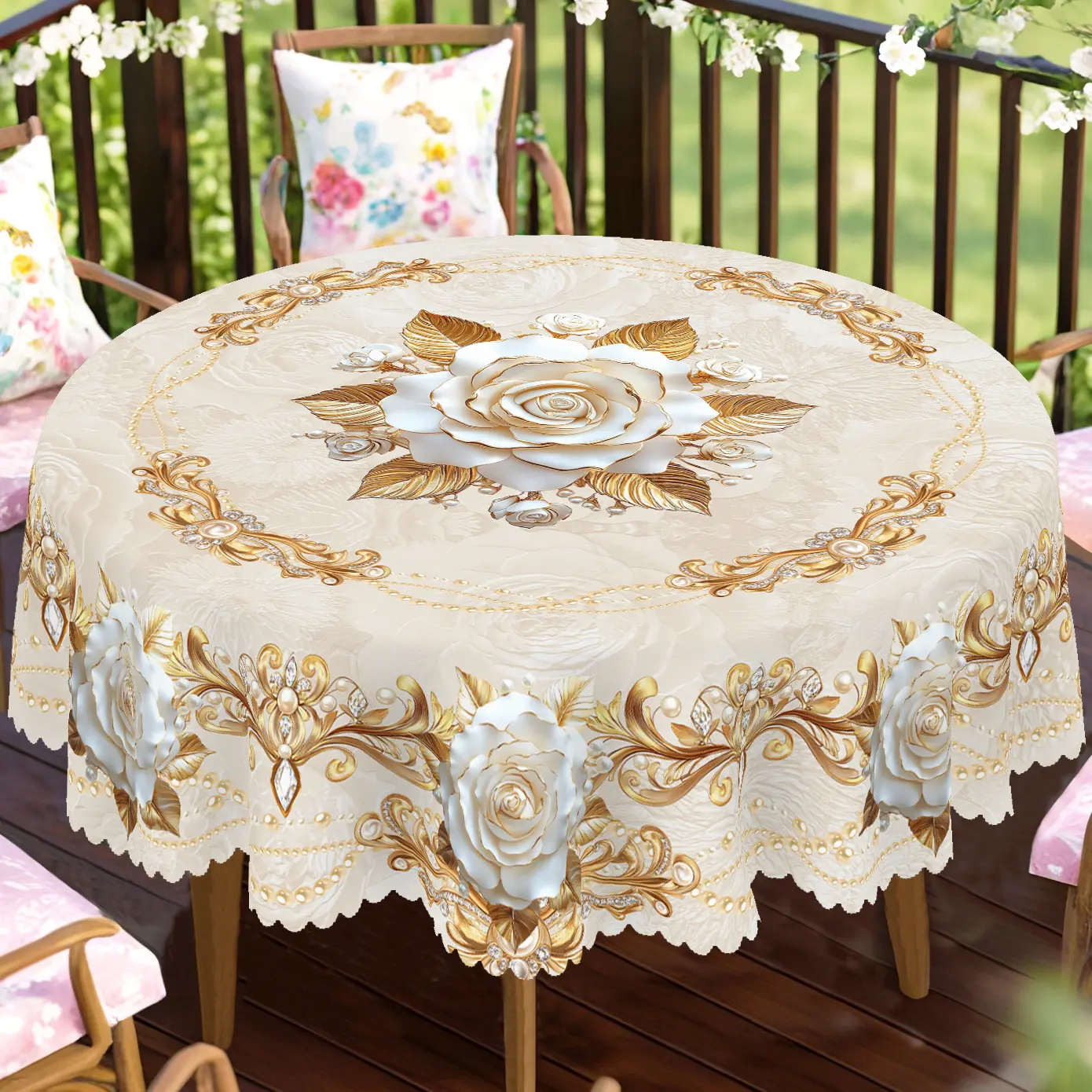 【Back to School】PLUMLIK Elegant Golden Floral Tablecloth, Vintage Flower Pearl Pattern Round Rectangular Table Cover, Bridal Shower Gift, Summervibes Wedding Party Decoration, Holiday Festive Summer Decor, Kitchen Accessories Farmhouse Home Decor