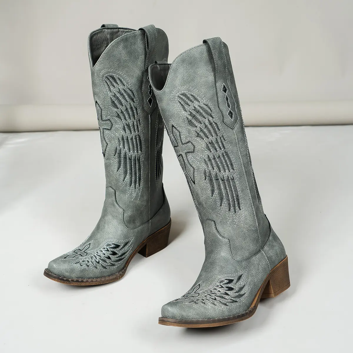 Women's Stylish Western Boots, Tall Wing Embroidered Faux Leather Shoe with a Vintage Distressed Texture and Comfortable Block Heel, Footwear, Design, Statement Shoes, Pu Synthetic, Walking Shoes