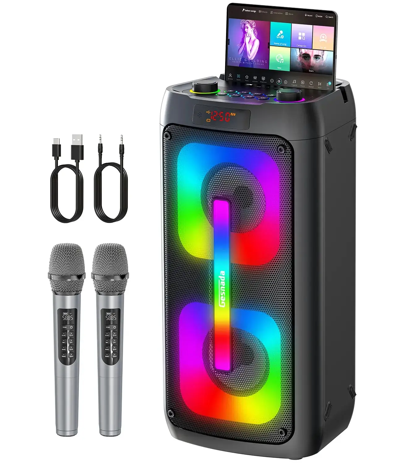 Portable Bluetooth Karaoke Machine with 2 Wireless Microphones, PA System with LED Lights, Button Control, USB Port, SD Card & AUX Connections, Audios Recording Support, Lightweight for Camping, Ideal Gift for Adults