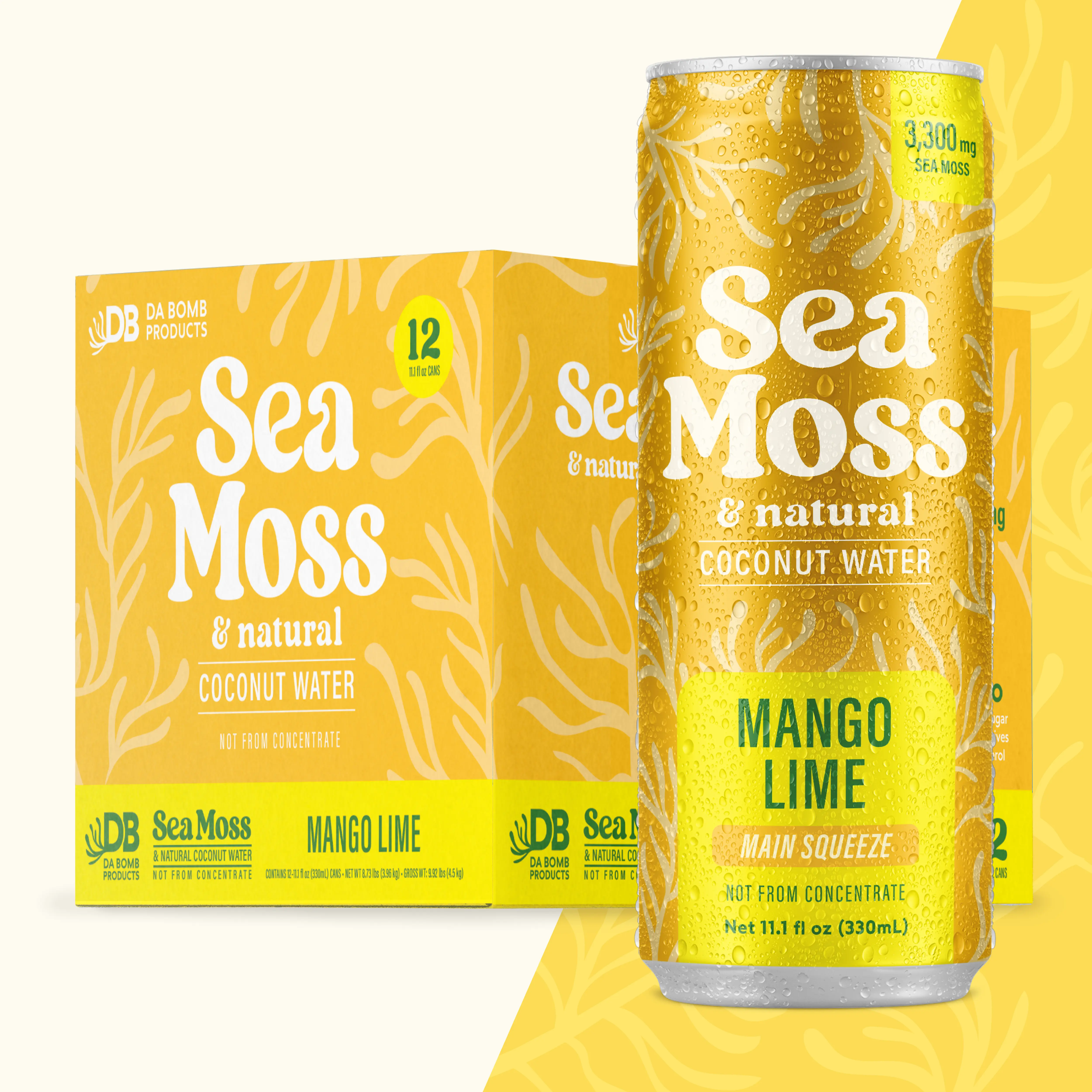 Da Bomb Sea Moss Coconut Water Ginger Juice Drink, 4-Pack 11.1 fl oz Shelf-Stable Cans, 3300 mg Sea Moss, Plant-Based Electrolytes, Sugar-Free, Non-GMO, Caffeine-Free, Grab-and-Go Hydration Beverage (Mango Lime)