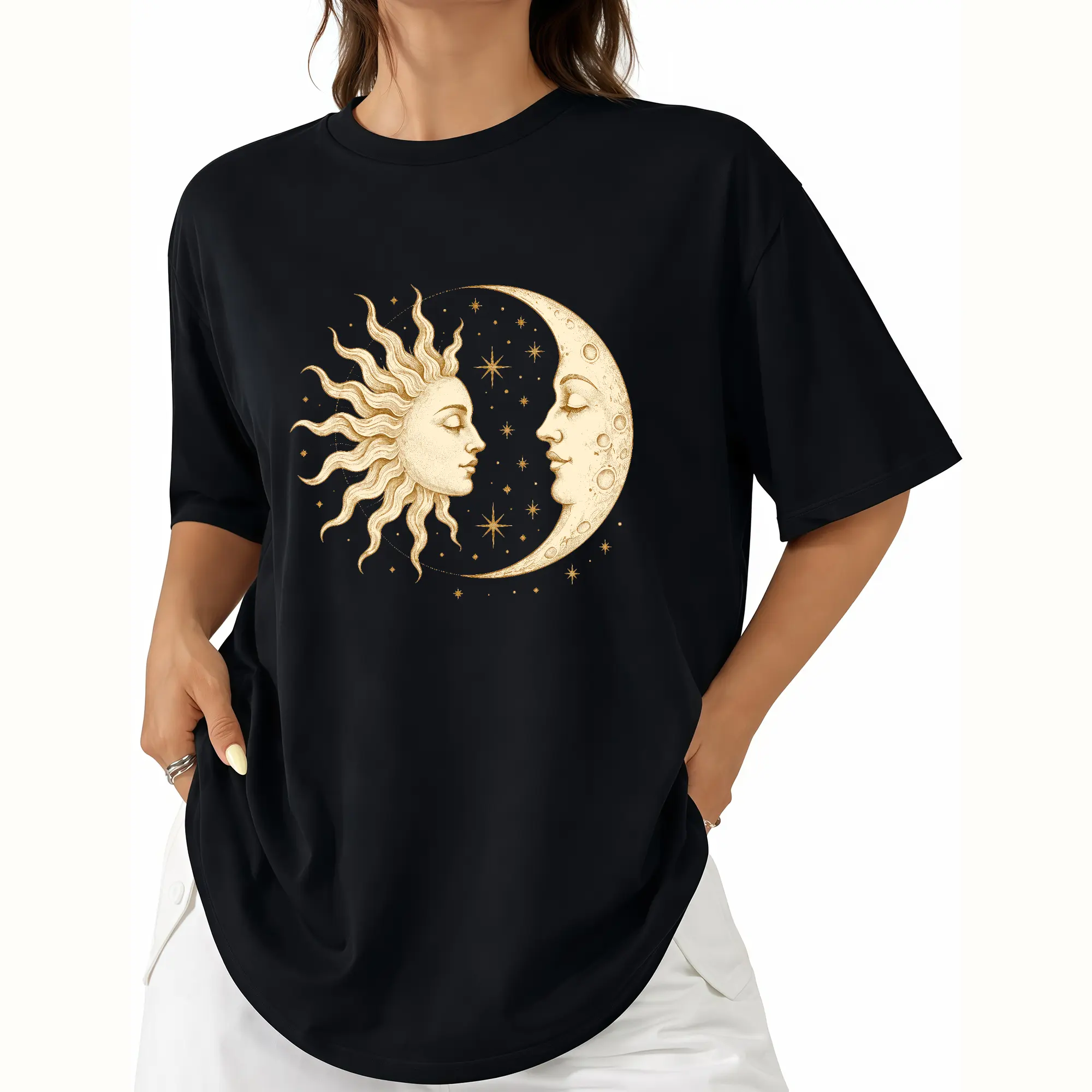 Women's Vintage Sun-Moon Celestial Cotton T-Shirt - Retro Mystic Astrology Graphic, Classic Boho Cosmic Art Top, Casual Fabric Boho Clothes, Spiritual Gift, Graphic Print